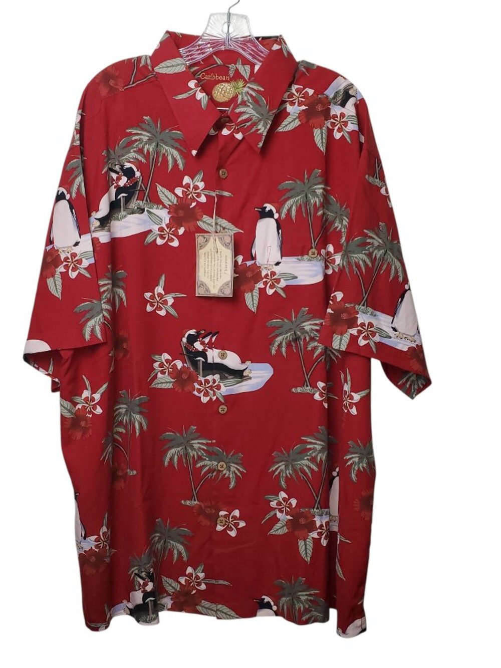 Caribbean Men's Red Hawaiian Shirt Penguin Tropical, Size 2X